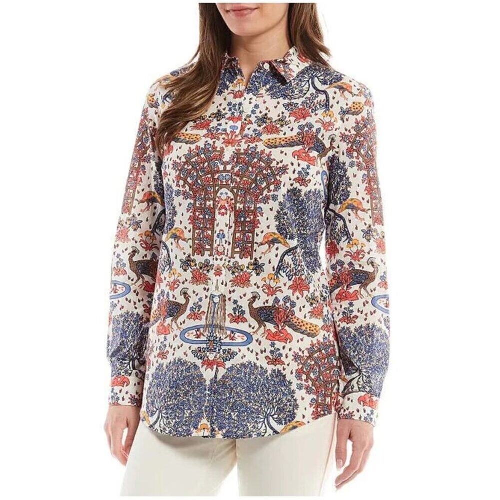 J McLaughlin Lois Blue Orange Floral Peacock Print Long Sleeve Buttoned Shirt